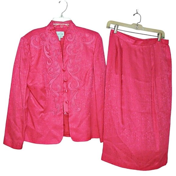 Adrianna Papell Suit Set Womens 10 Hot Pink Brocade Silk Blend Skirt Blazer 2 Pc - Picture 1 of 12